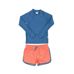 Blue Rashie and Red Swim Shorts