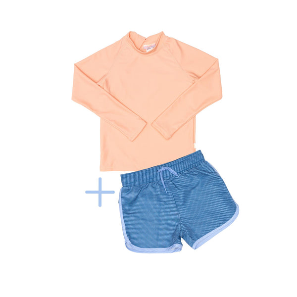 Peach Rashie plus Blue Shorts