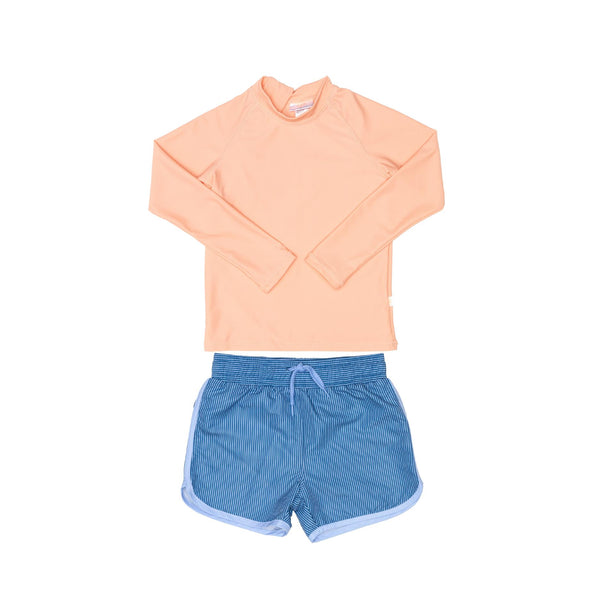 Peach Rashie and Blue shorts