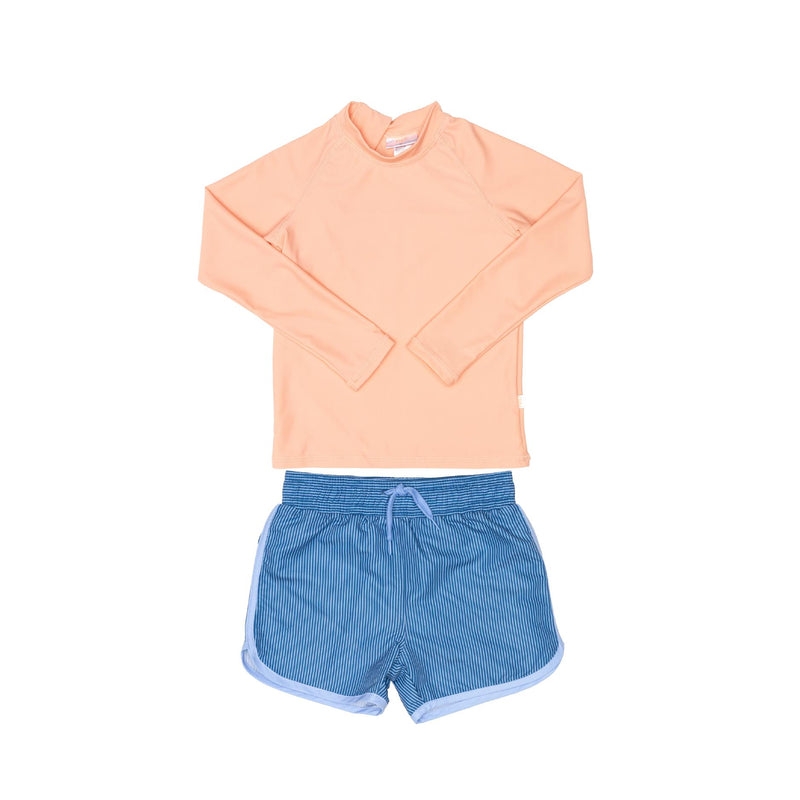 Peach Rashie and Blue shorts