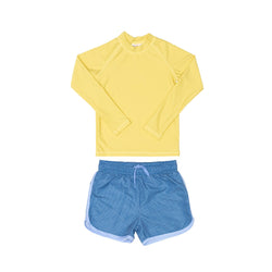 Yellow Rashie and Blue Swim Shorts