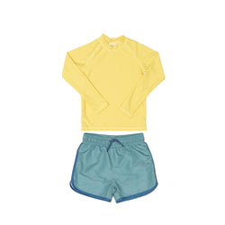 Yellow Rashie and Green Swim Shorts